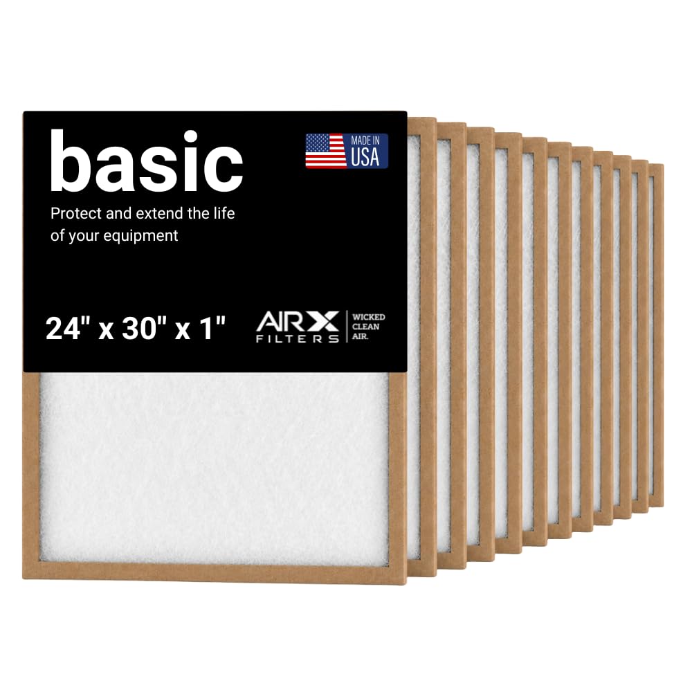 24x30x1 Air Filter Comparable to MPR 100 Basic Economy Furnace Filters, 12 Pack of Non Pleated Fiberglass Filter For