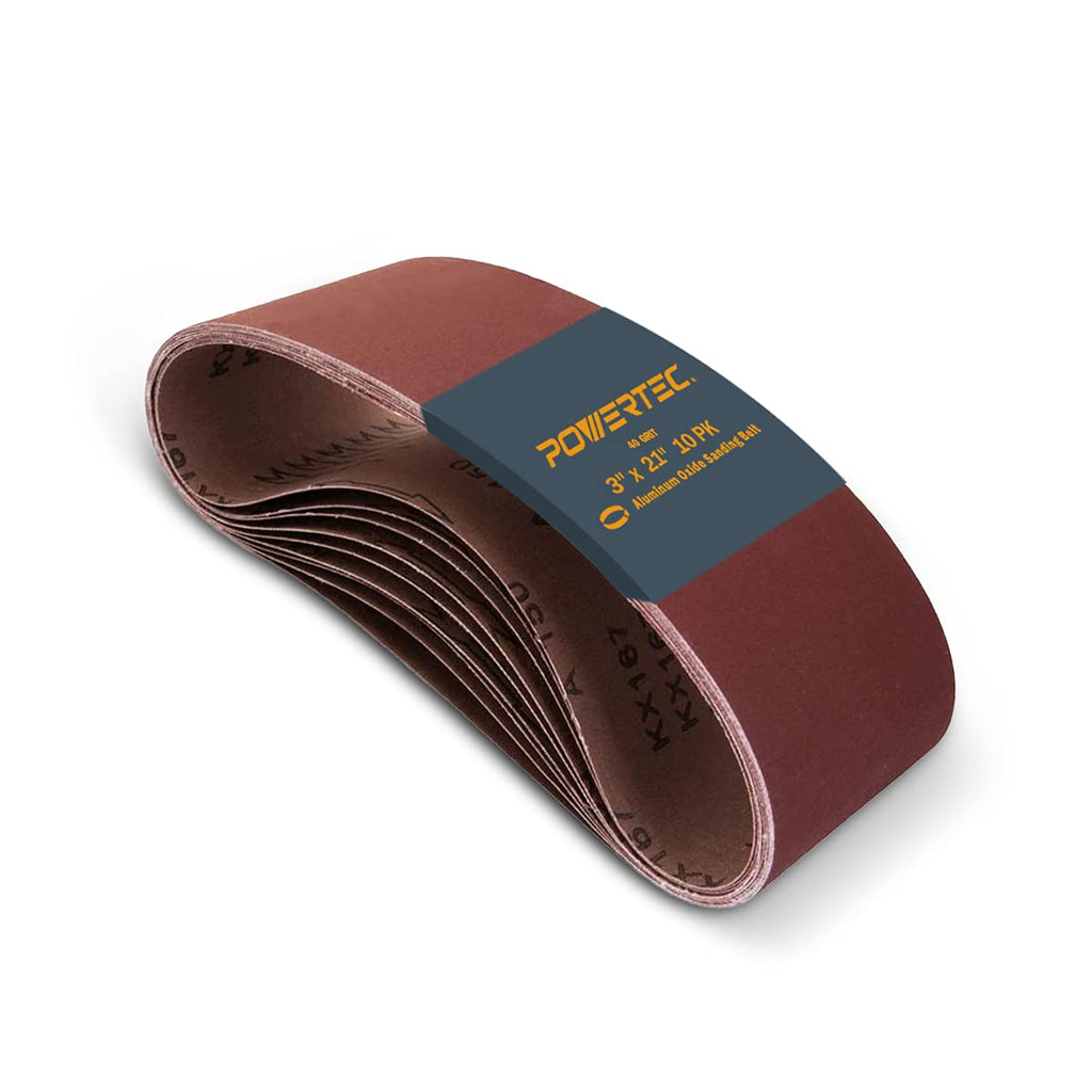 POWERTEC 3 x 21 Inch Sanding Belts, 10PK, 40 Grits Aluminum Oxide Sandpaper, 3x21 Sanding Belt for Portable Belt Sander, Woodworking, Paint Sanding, Metalworking, Rust Removal, Polishing (110460)