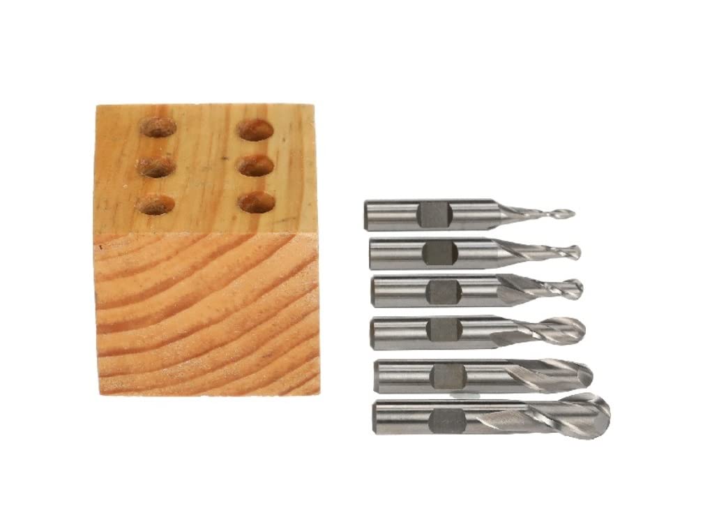 HHIP 8001-0006 2-Flute M2 Ball Nose End Mill Set – HSS 1/8"–1/2" (6 Pc) – Center Cut, Single-End, Full Radius Edge for Milling Radius Bottom Slots, Fillets & Contours – Includes Wooden Storage Stand