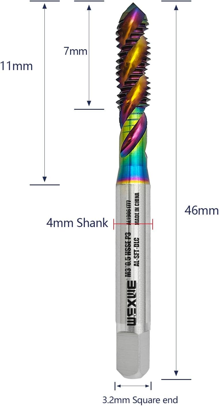 Tools M3 x 0.5 DLC Coating Spiral Flute Thread Tap, Metric Machine Threading Tap High Speed Steel Cobalt(HSSCo), Round Shank with Square End, H2 Tolerance, 2pcs