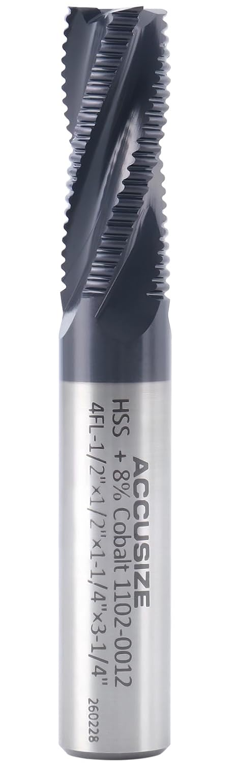 Accusize Industrial Tools Stadard Tooth M42 8% Cobalt Tialn Roughing End Mill, 1/2'' by 1/2'' by 1-1/4'' Flt Length, 1102-0012