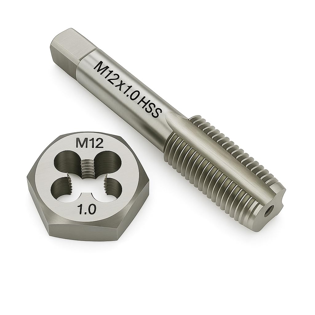 M12x1.0 Metric Tap and Die Set Right Hand HSS Tap & GCr15 Hex Die for Metal Thread Repair
