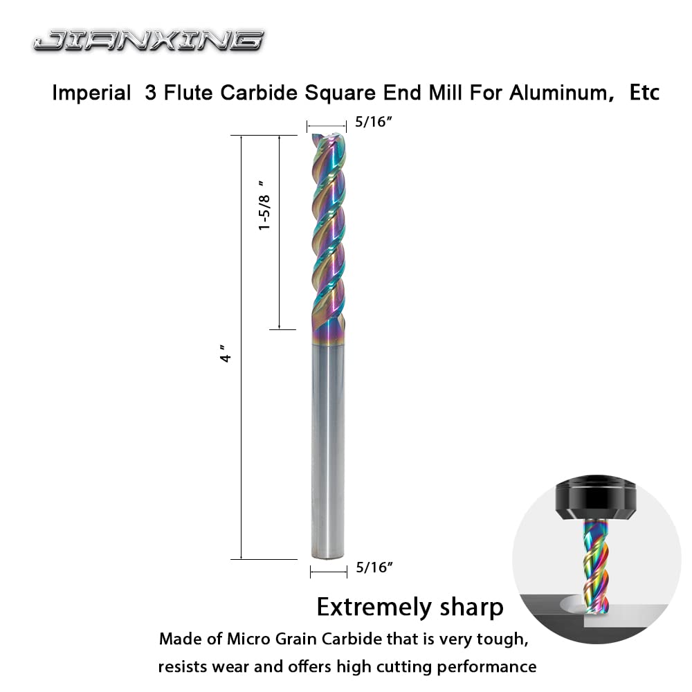JIANXING 5/16" Extra Long Carbide Square End Mill, 3 Flute, 4” OAL, 1 Pc