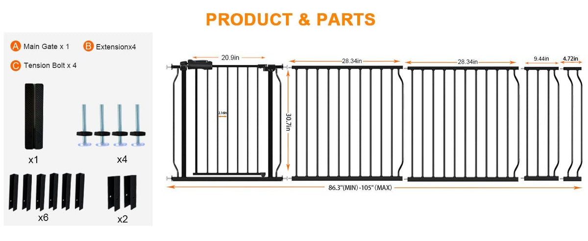 105" Extra-Wide Adjustable Hardware/Pressure-Mounted Pet & Child Safety Gate with Dual-Lock Walk-Through Swing Door for Stairs, Hallways & Wide Doorways