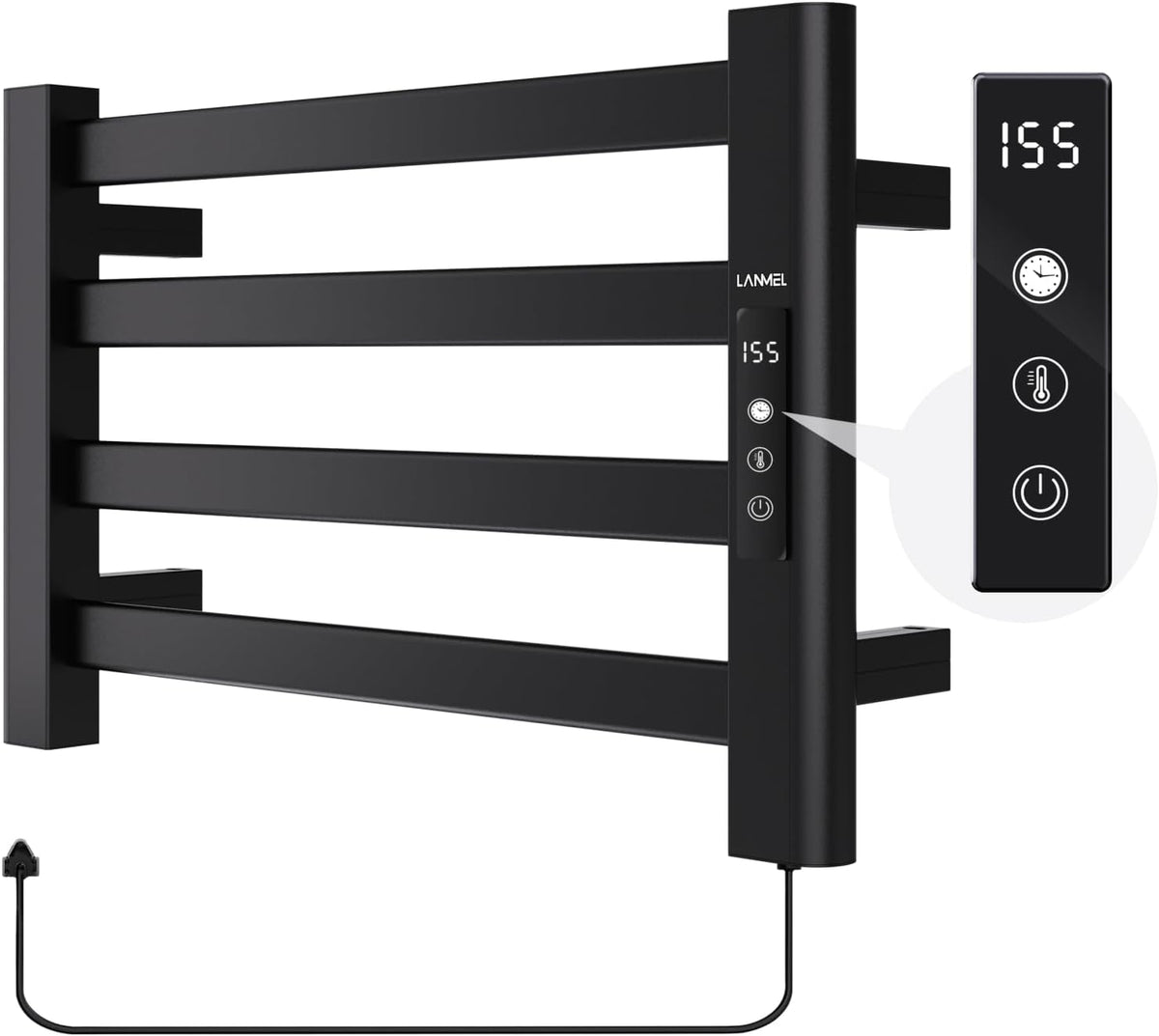 Towel Warmers for Bathroom, Wall Mounted Heated Towel Dryer Rack | 11.4" 4 Bars Black – IPX6, Touch Display, 24hr