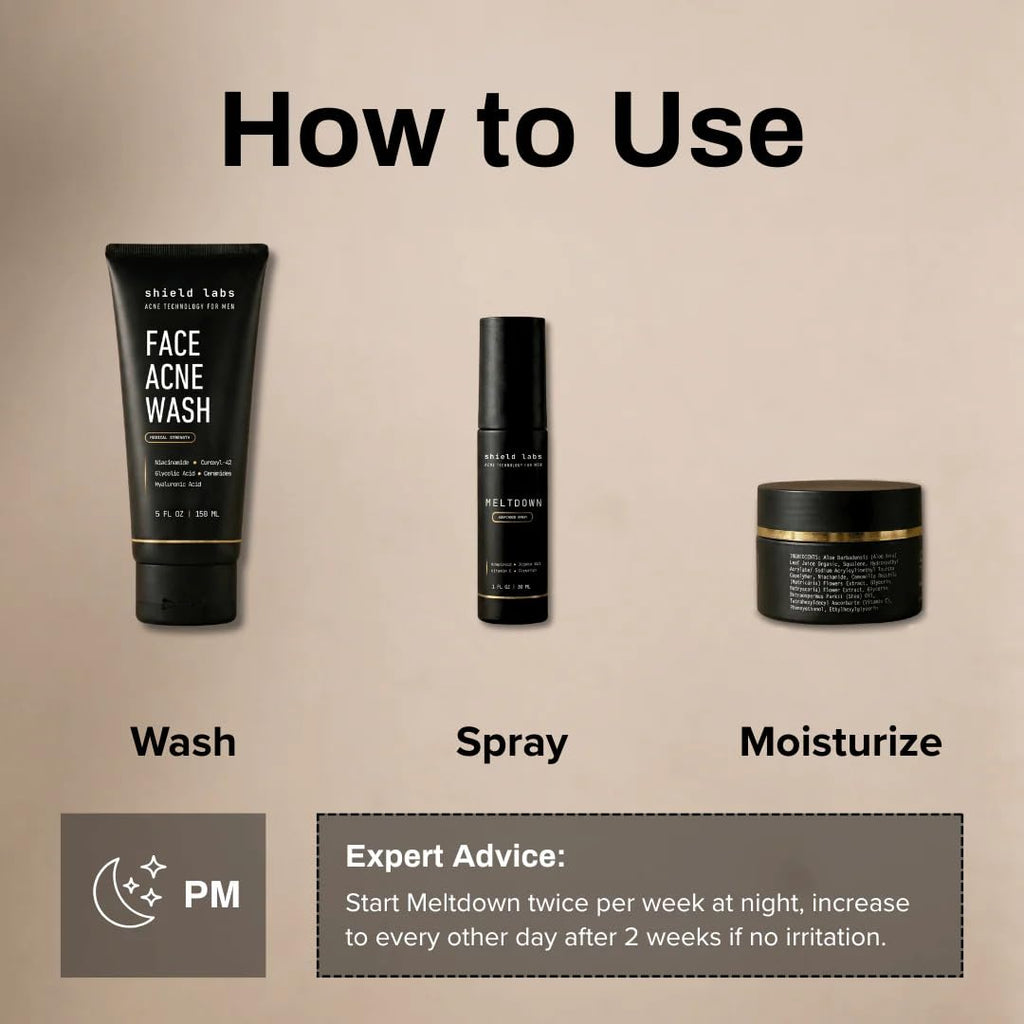 Face Acne System for Men and Boys, Easy 3-Step Clear Skin Kit with 4% Benzoyl Peroxide Face Wash, Adapinoid Spray and