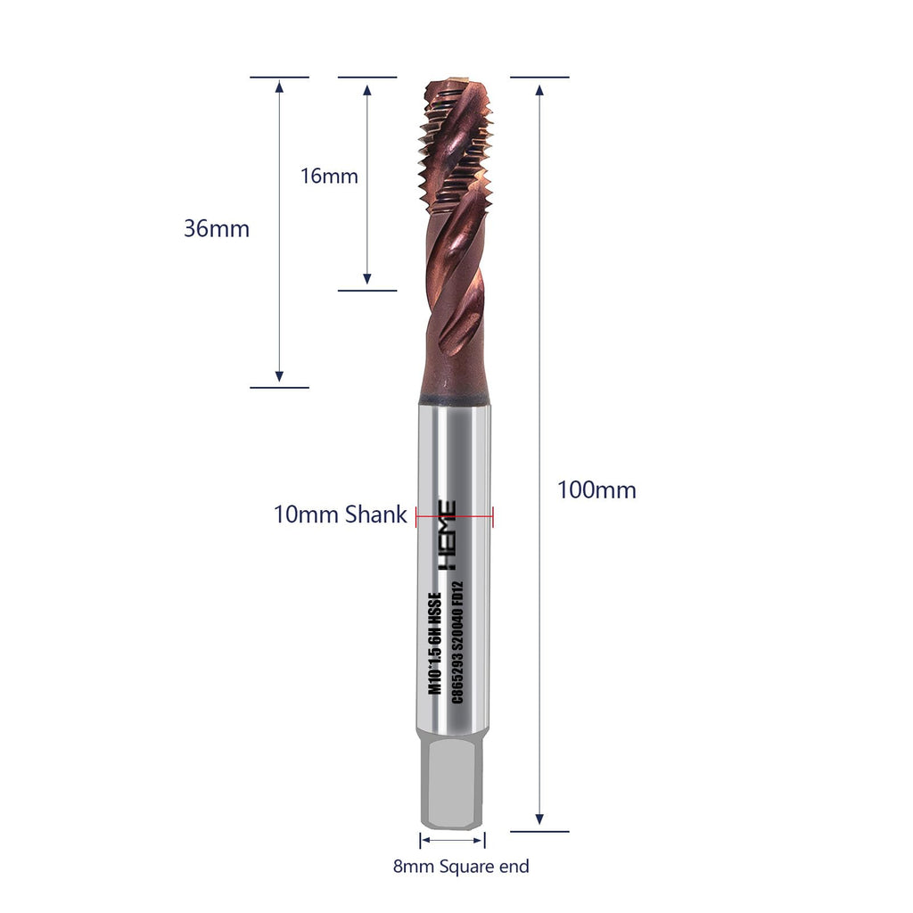 HEME Tools Extra Long Thread Tap DIN Standard M10 x 1.5 AlTiN Coating Spiral Flute Thread Tap, Metric Machine Threading Tap High Speed Steel Cobalt(HSSCo), Round Shank with 6H Tolerance-1pcs