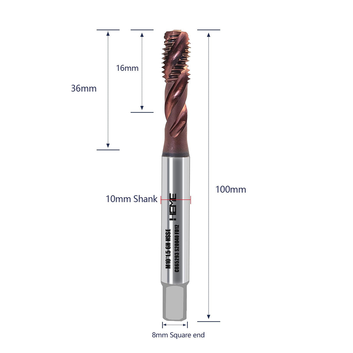 HEME Tools Extra Long Thread Tap DIN Standard M10 x 1.5 AlTiN Coating Spiral Flute Thread Tap, Metric Machine Threading Tap High Speed Steel Cobalt(HSSCo), Round Shank with 6H Tolerance-1pcs