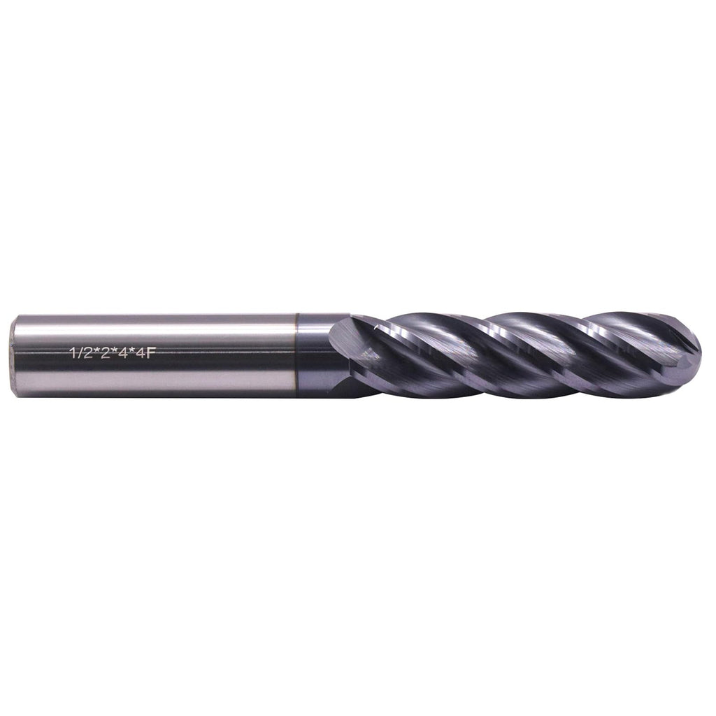 1/2" 4 Flute Solid Carbide Long Ball Nose End Mill, AlTiN Coated, 4" OAL