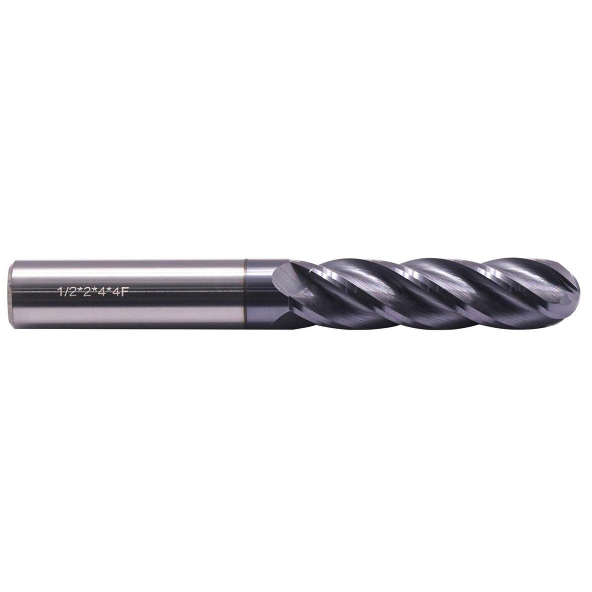 1/2" 4 Flute Solid Carbide Long Ball Nose End Mill, AlTiN Coated, 4" OAL