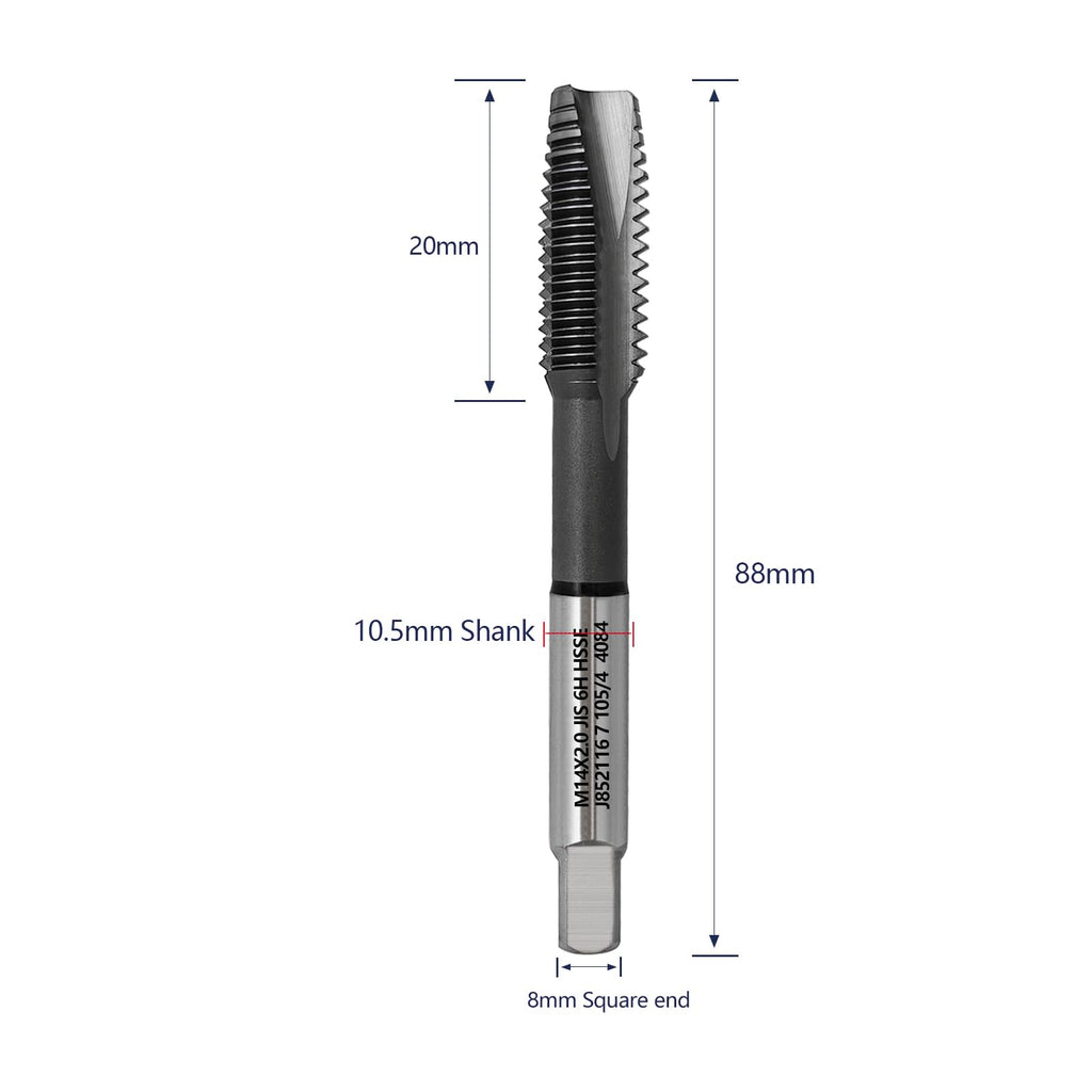 WEXWE Tools M14 x 2.0 Spiral Point Threading Tap, Metric Machine Threading Tap High Speed Steel Cobalt(HSSCo) With AlTiN Coating, Round Shank with Square End， H2 Tolerance, 1pcs