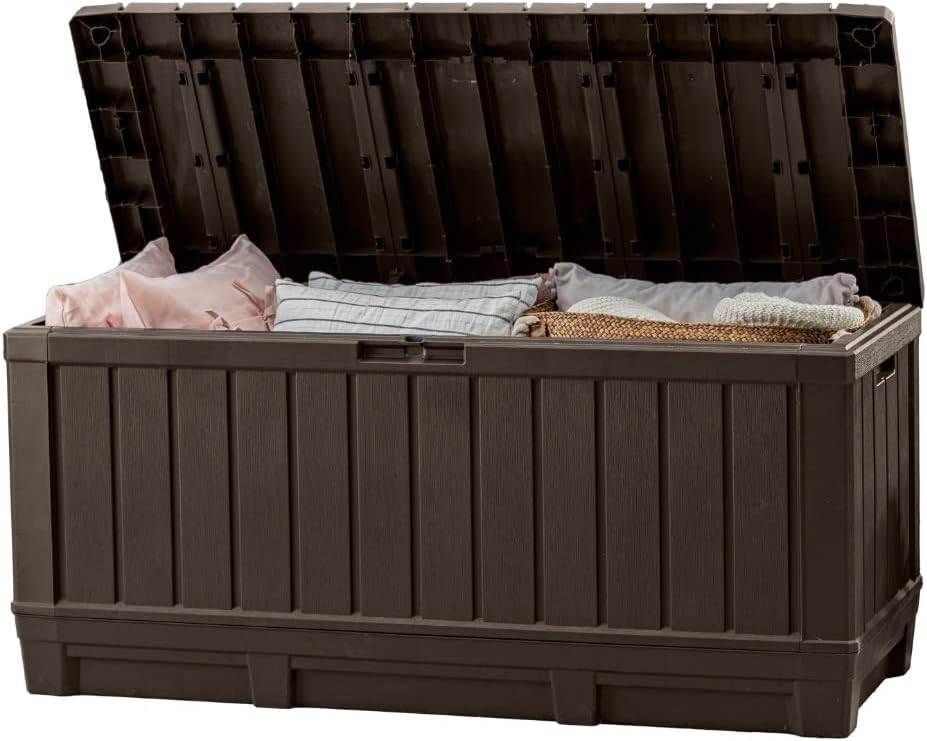 Kentwood 92 Gal Outdoor Storage Box for Patio and Pool Accessories | Brown, Resin, Large, Weatherproof, Lockable