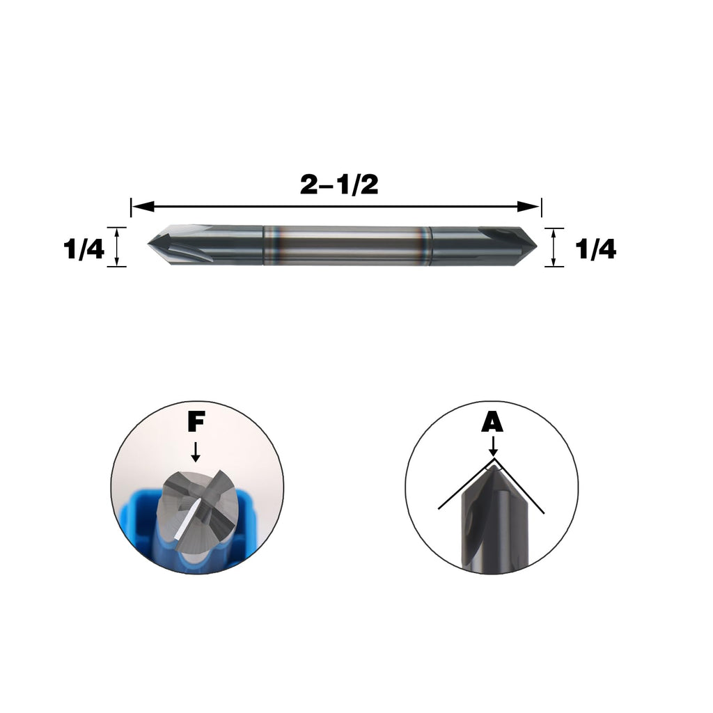 NZ 1/4" Double-Ended Carbide Chamfer End Mill, 90° 4 Flute AlTiN Coated - for Alloy Steel, Hardened Steel, Copper, Iron & Aluminum - 2-1/2" Overall Length