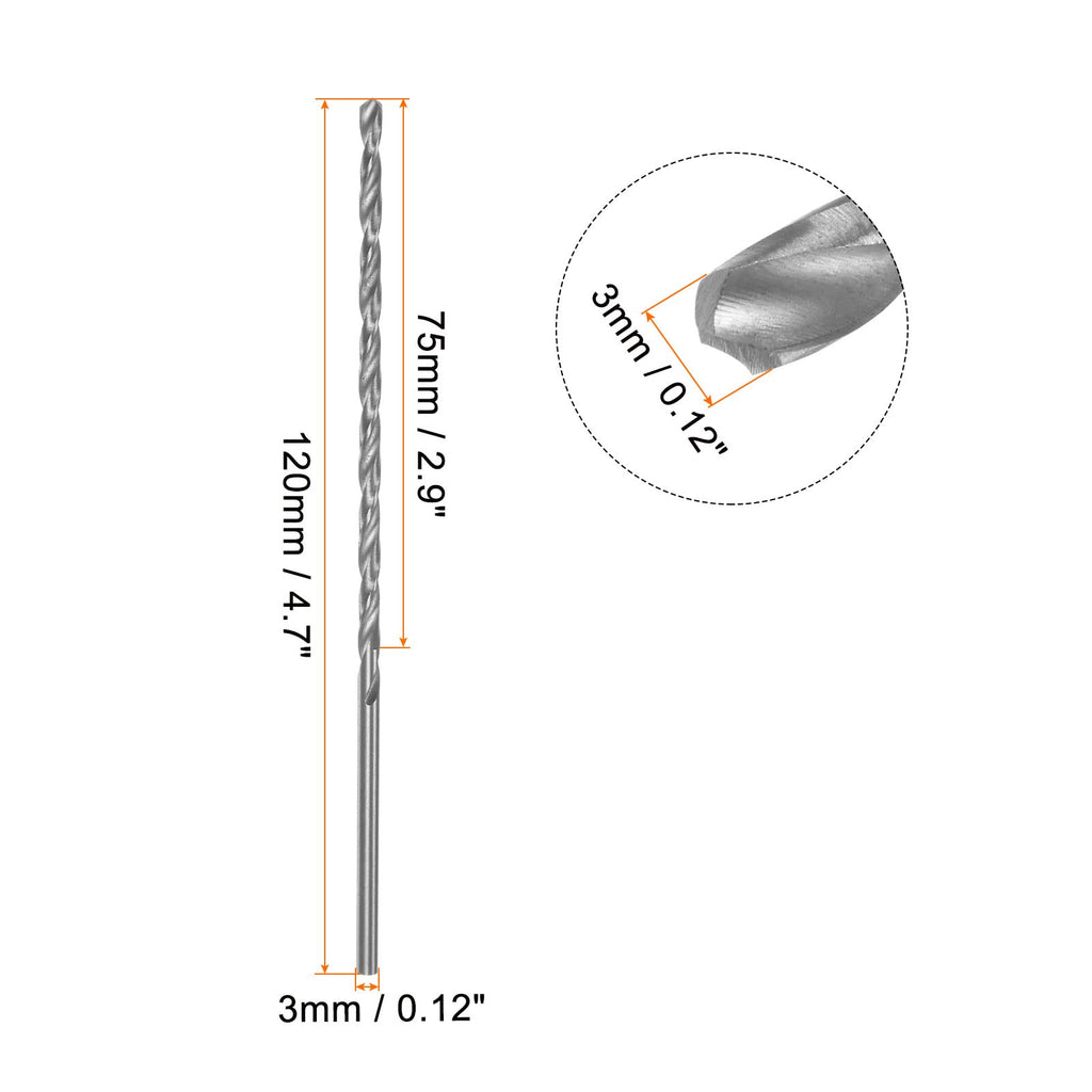 HARFINGTON 10pcs Extra Long Drill Bits, 3mm HSS Drill Bit with High Speed Steel Straight Shank 120mm Length for Metal Woodwork Plastic Aluminum Alloy