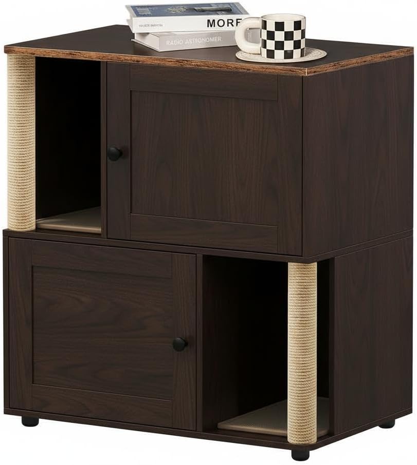 Double Cat Litter Box Enclosure Furniture Walnut Cat Litter Cabinet