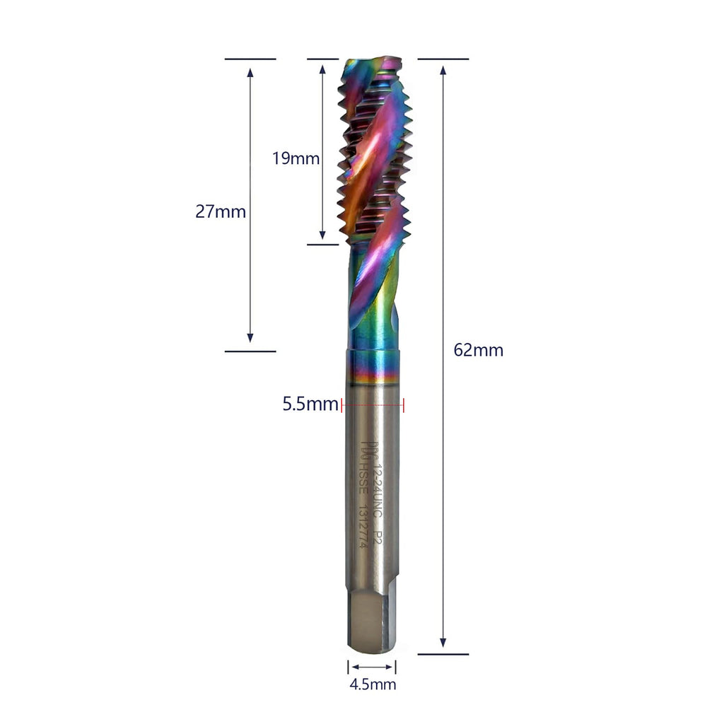 WEXWE Tools DLC Coating Spiral Flute Taps High Speed Steel (HSSCo) 3 Flutes Tapping Tool Inch Taps Set 12-24UNC 2PCS