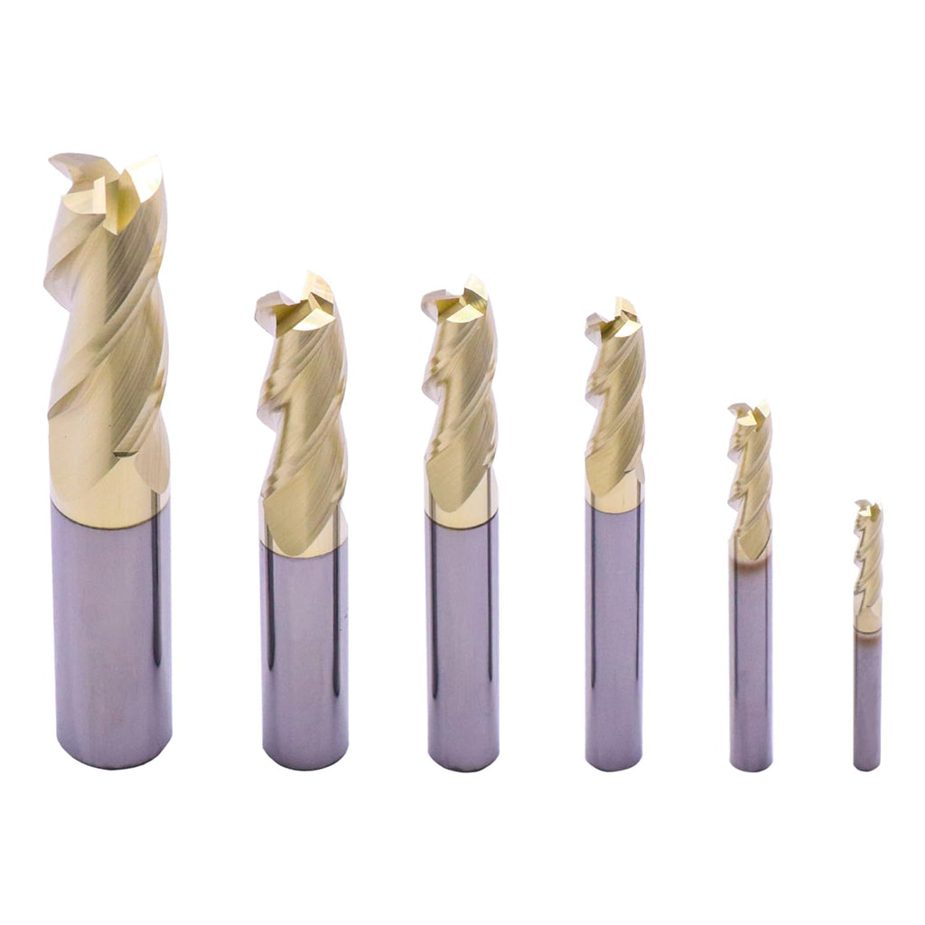 6Pcs 3 Flute 1/8"-1/2" Solid Carbide End Mills Set for Aluminum, ZrN Coated