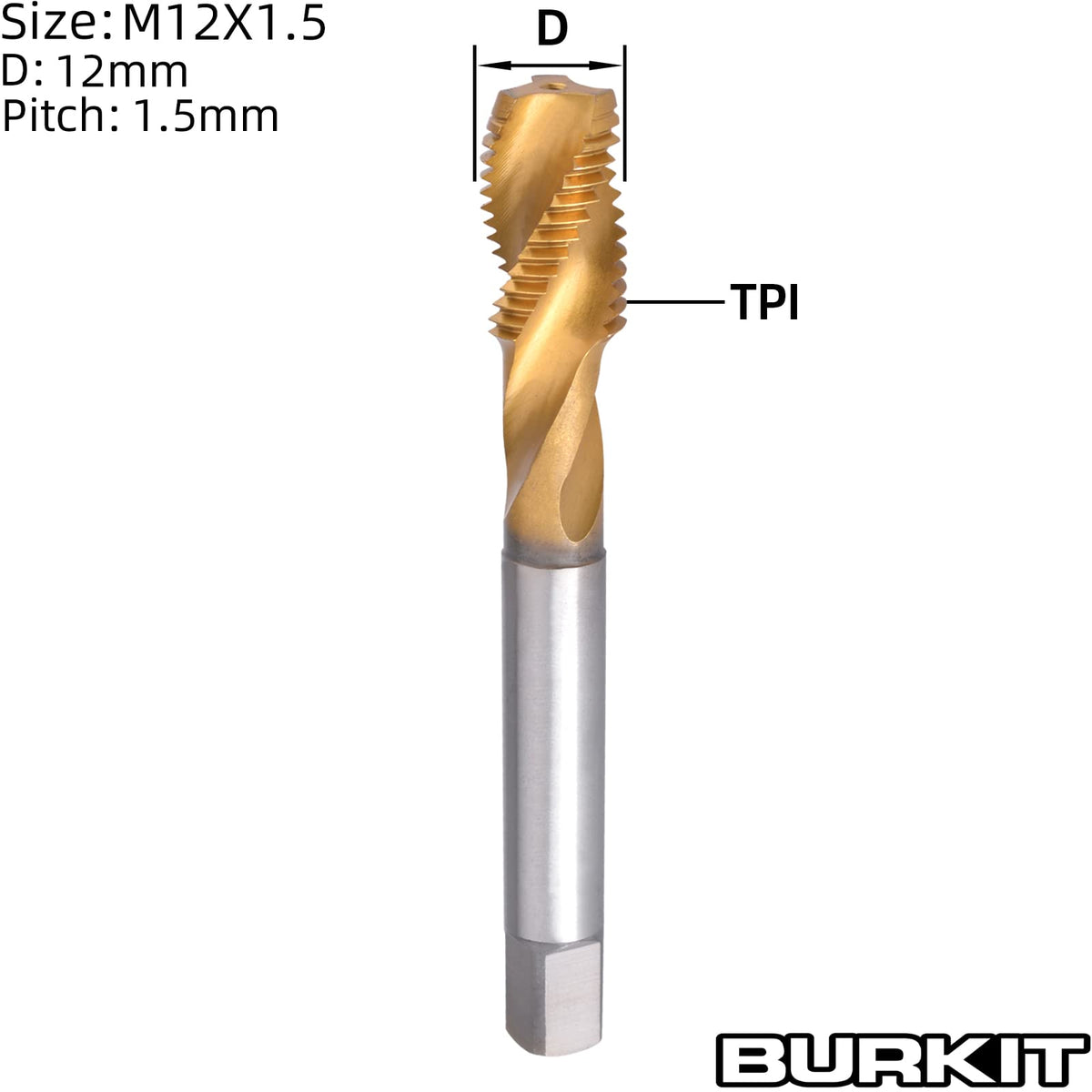 Burkit M12 X 1.5 Titanium Coated Spiral Flute Tap