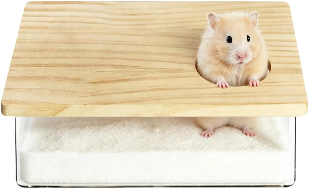 Clear Acrylic Hamster Sand Bath Box with Wood Lid Mini Pet Sandbox (A)
