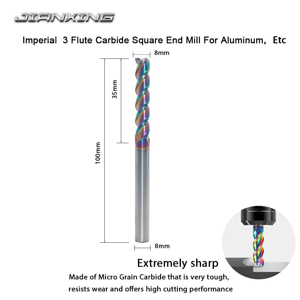 JIANXING 8mm Extra Long Carbide Square End Mill, 3-Flute, 100mm OAL, 1 Pc
