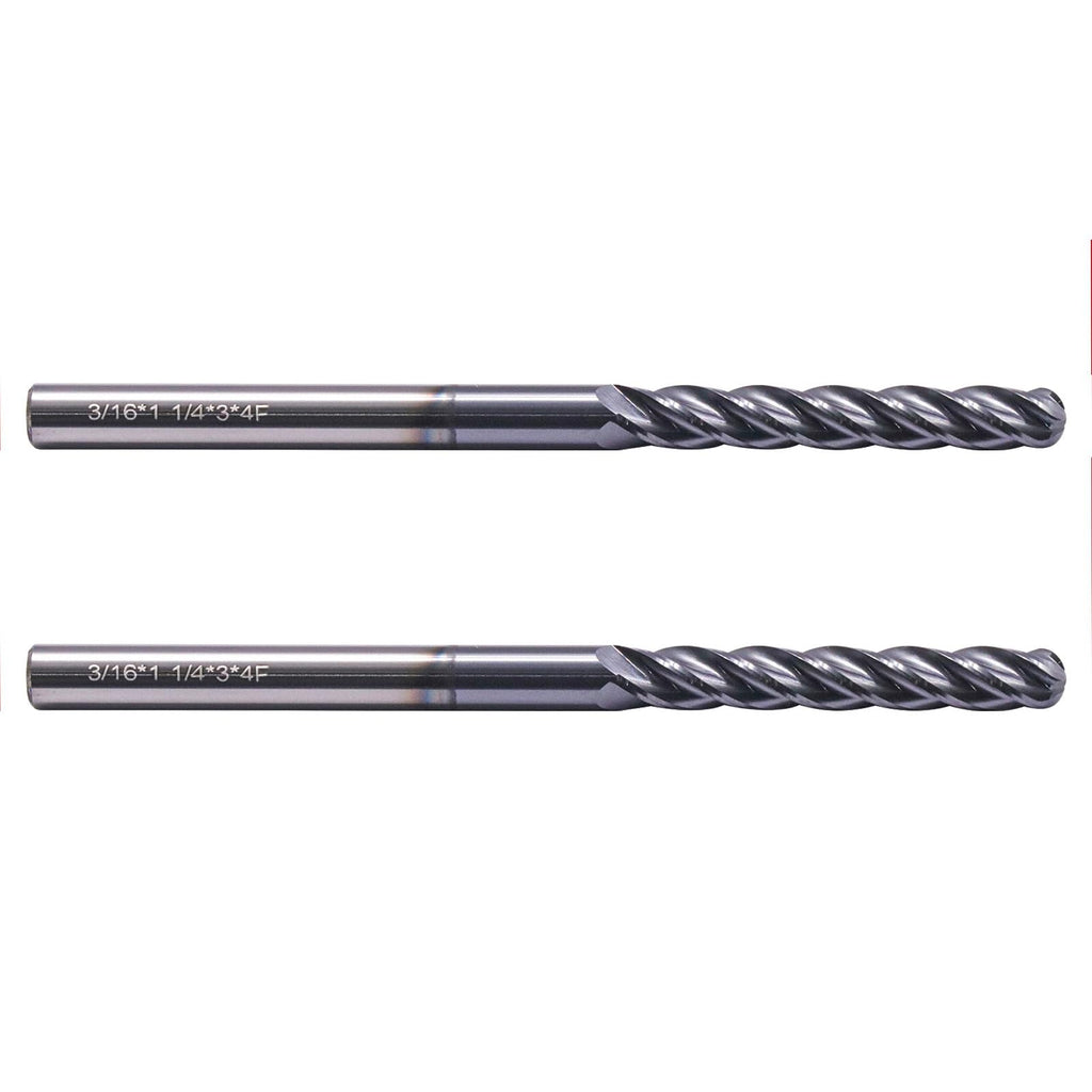 2Pcs 3/16" 4 Flute Solid Carbide Long Ball Nose End Mill Set, AlTiN Coated