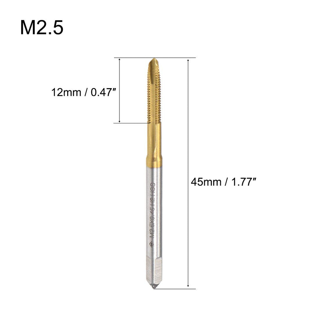 uxcell Spiral Point Plug Threading Tap M2.5 x 0.45 Thread, Ground Threads H2 3 Flutes, High Speed Steel HSS 6542, Titanium Coated, Metric Screw Taps Tapping Bit for Thread Repair, 2pcs