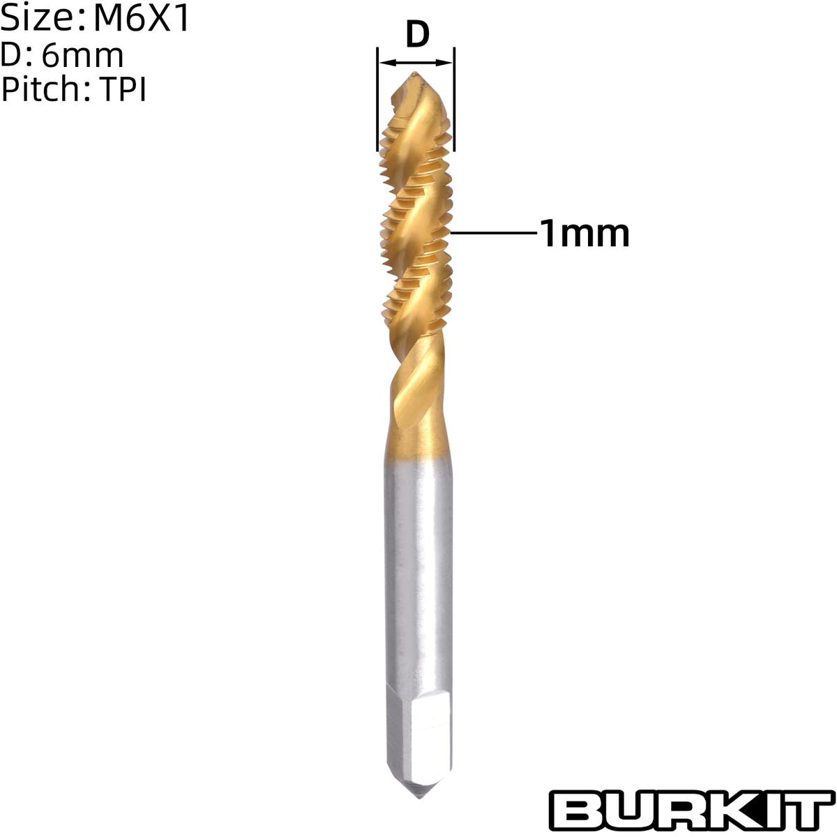 Burkit 2pcs M6 X 1 Titanium Coated Spiral Flute Tap