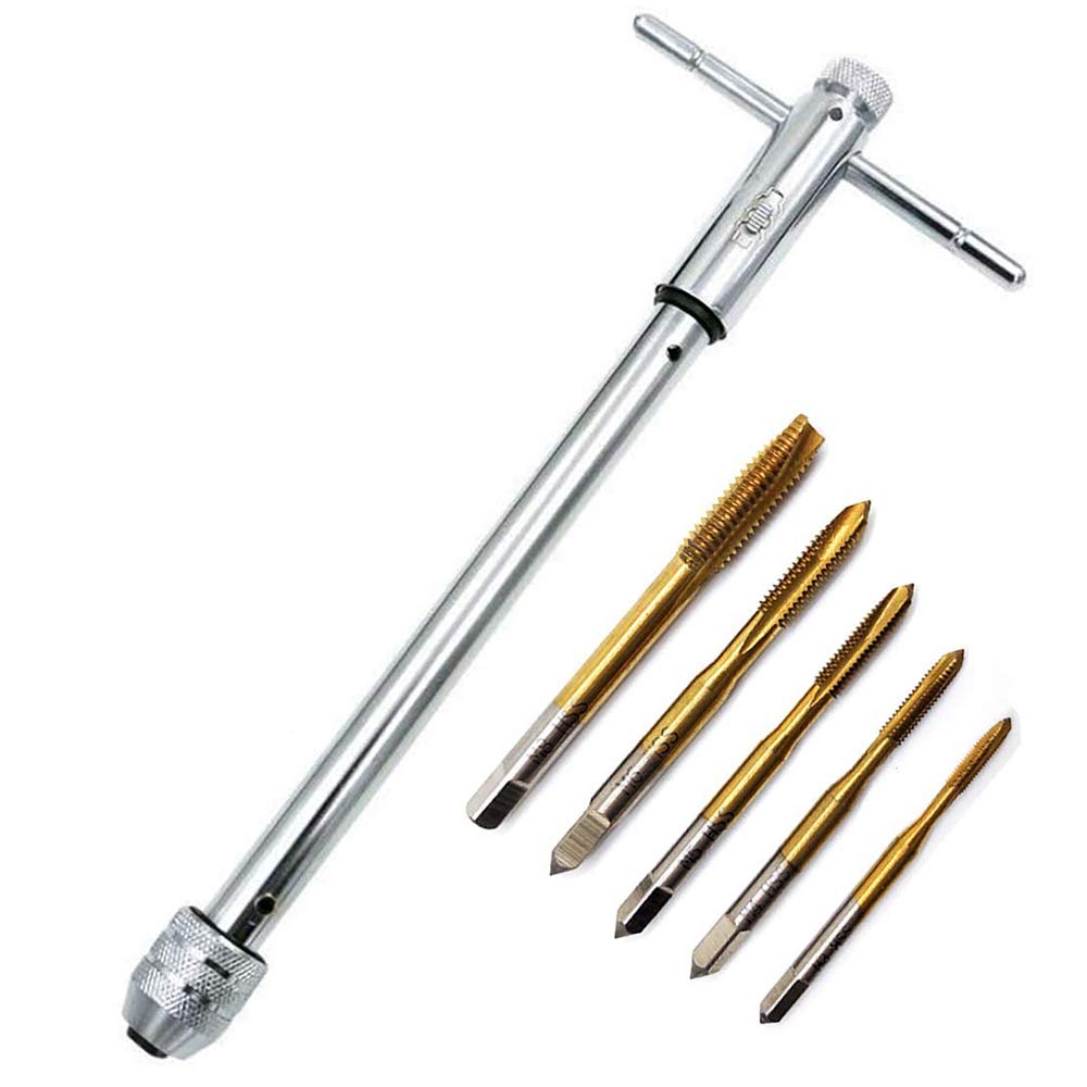QISF Adjustable T-Handle Ratchet Tap Holder Wrench Set + 5Pcs Titanium M3-M8 Machine Screw Thread Metric Plug Taps(Wrench 10" Long)