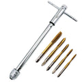 QISF Adjustable T-Handle Ratchet Tap Holder Wrench Set + 5Pcs Titanium M3-M8 Machine Screw Thread Metric Plug Taps(Wrench 10" Long)