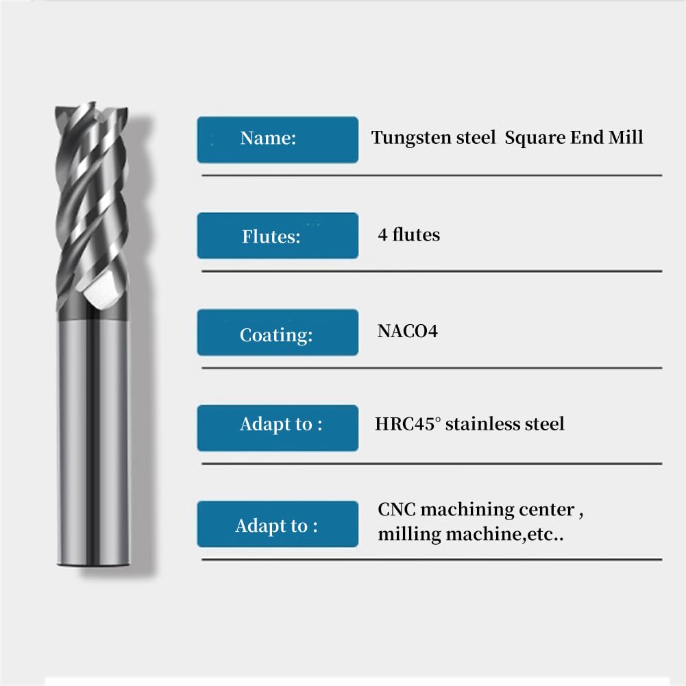 Hunricho 4 Pcs 4mm CNC Carbide End Mill Set, 4 Fultes Milling Cutter,Tungsten End Milling Bits Tool (4PCS 4mm)