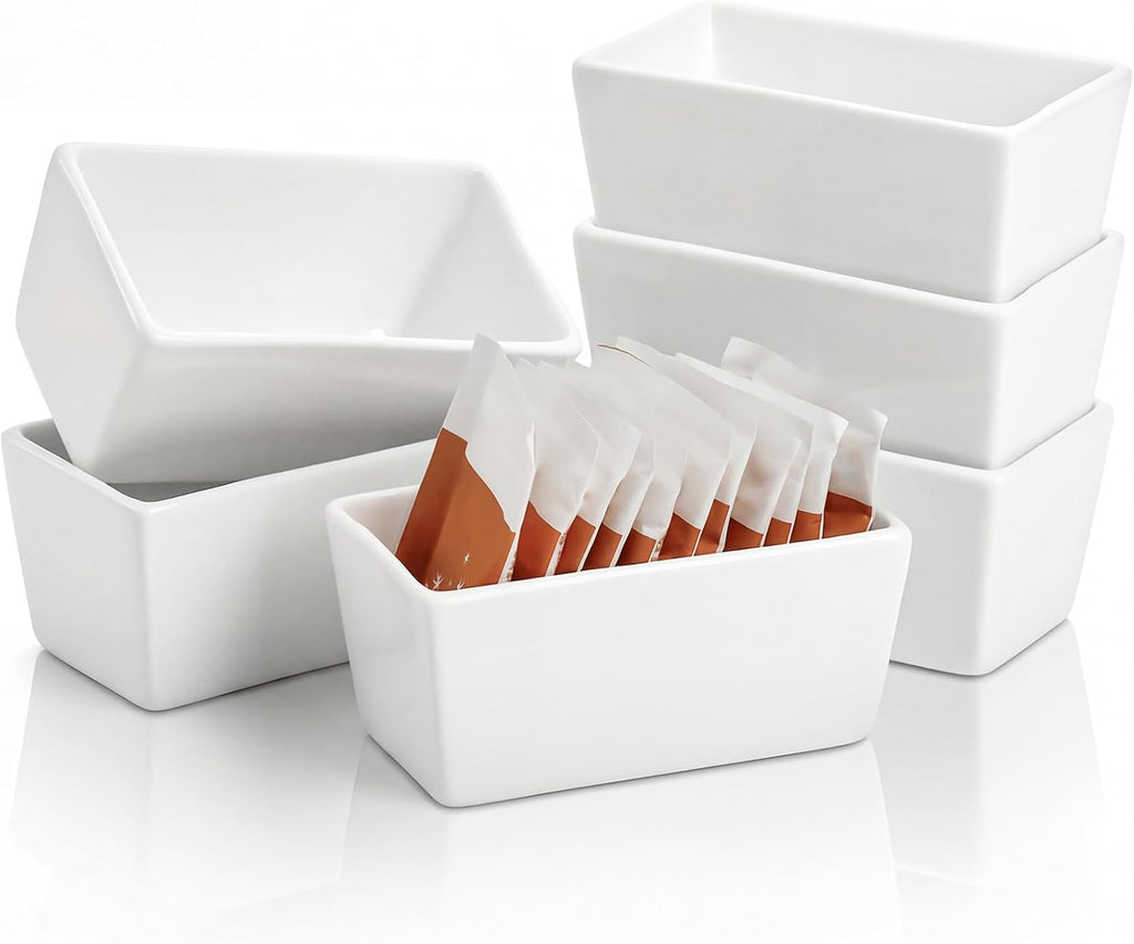 Set of 6 White Ceramic Sugar Packet Holders, 5 oz Porcelain Sweetener Packet Organizer, Sugar Bag Caddy Tea Packet