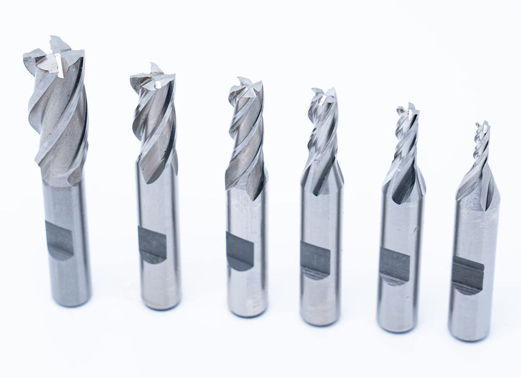 Single End 4 Flute Center Cutting End Mill 6PCS Set 1/8",3/16",1/4",5/16",3/8",1/2" with 3/8" Shank with Plastic Stand