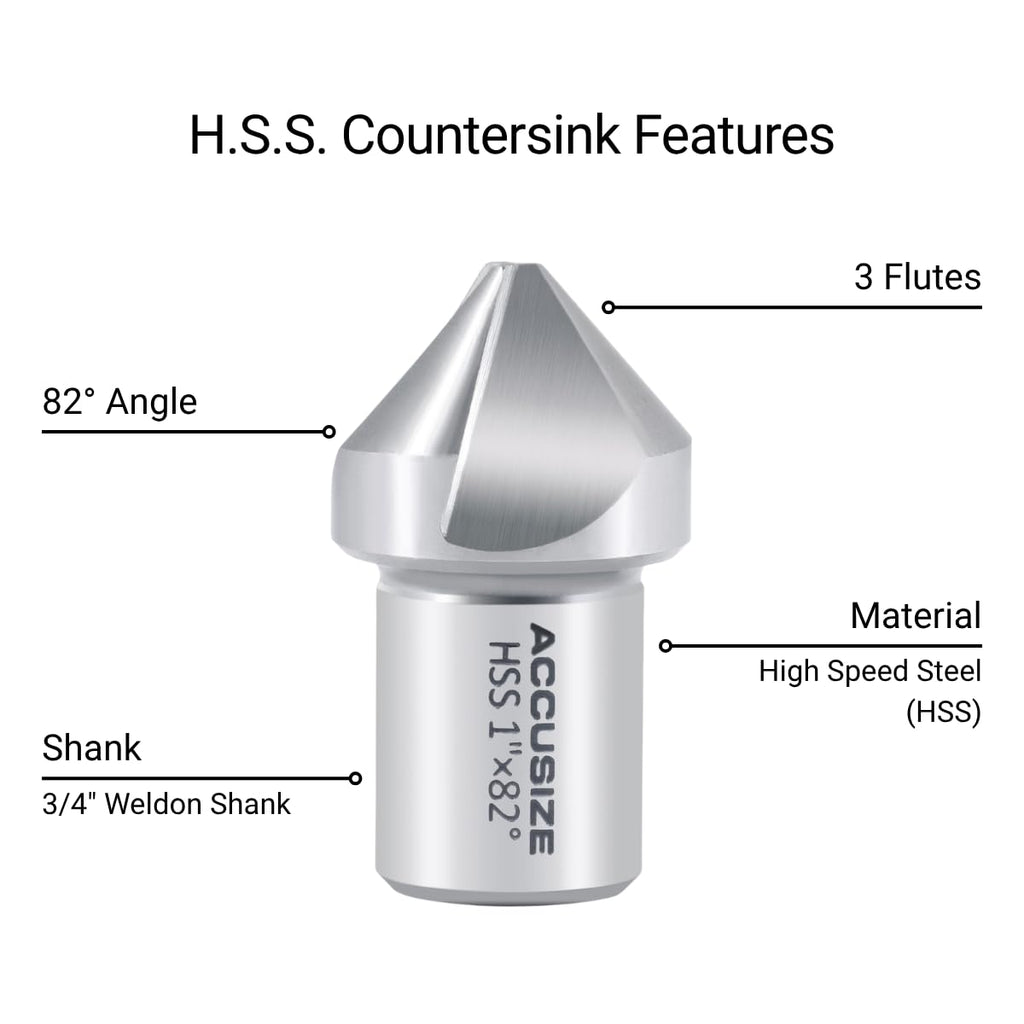 Accusize HSS Countersink, 1in, 82 Degree, 3-Flute, 3/4in Weldon Shank
