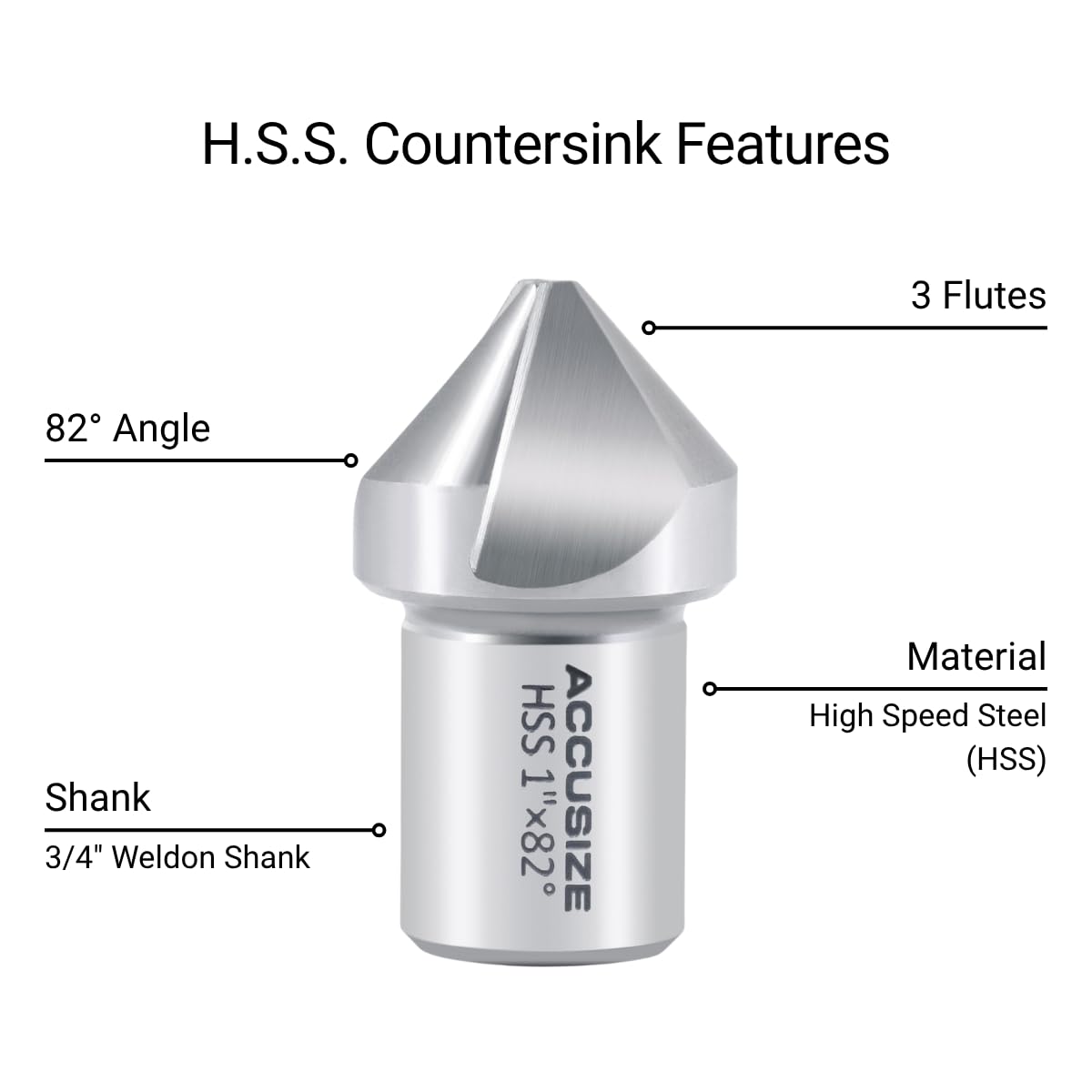 Accusize HSS Countersink, 1in, 82 Degree, 3-Flute, 3/4in Weldon Shank