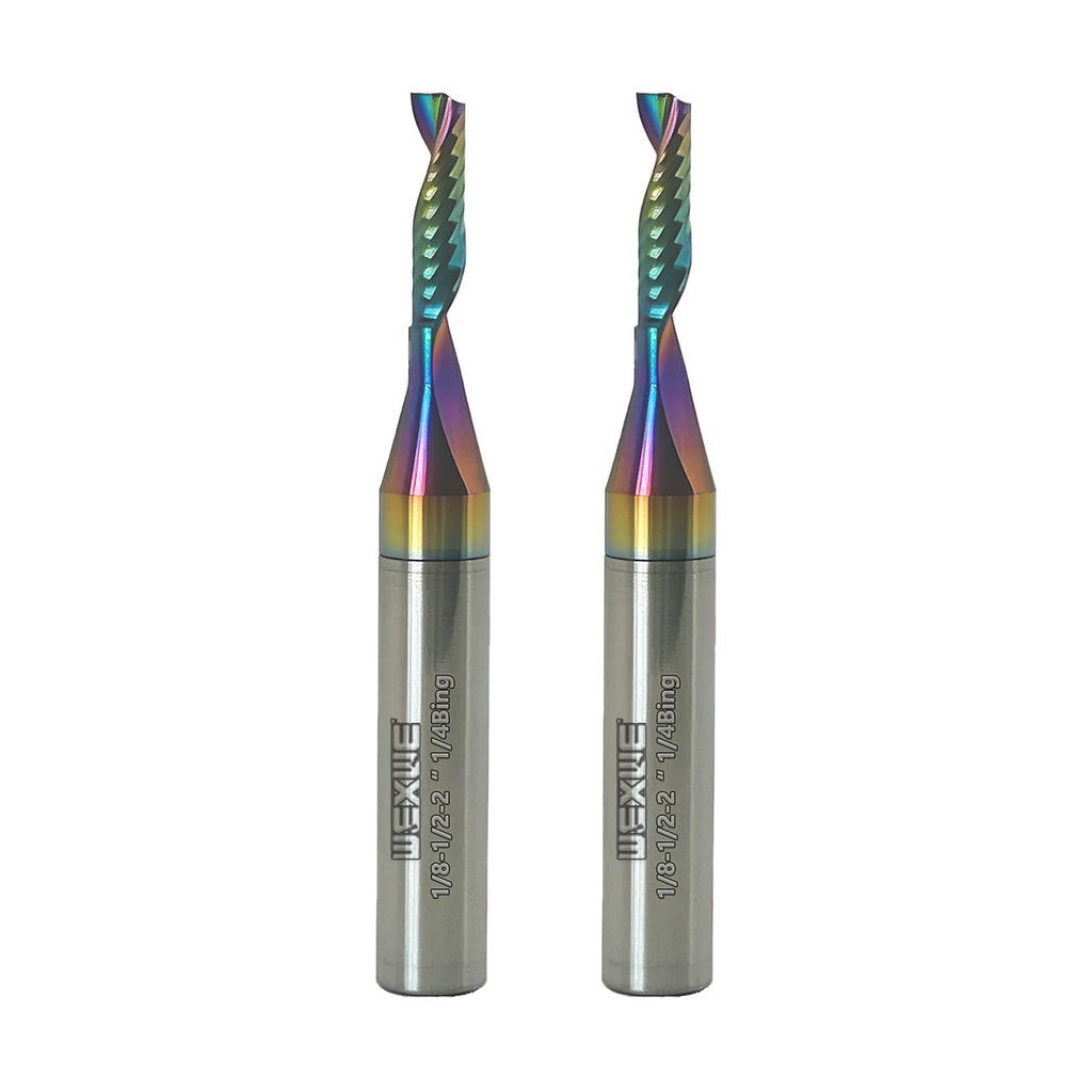 WEXWE Tools Solid Carbide CNC Spiral Single Flute End Mill - for Acrylic Plate Aluminum, Wood, Plastic, Brass, Copper Cutting - 1/8 Diameter 1/4" Shank 2" Length,1 Flute (1/8-1/2-2 1/4 2PCS)