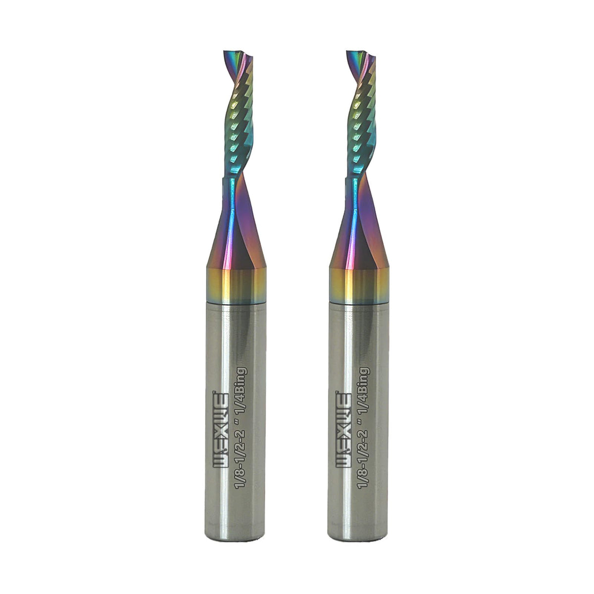 WEXWE Tools Solid Carbide CNC Spiral Single Flute End Mill - for Acrylic Plate Aluminum, Wood, Plastic, Brass, Copper Cutting - 1/8 Diameter 1/4" Shank 2" Length,1 Flute (1/8-1/2-2 1/4 2PCS)