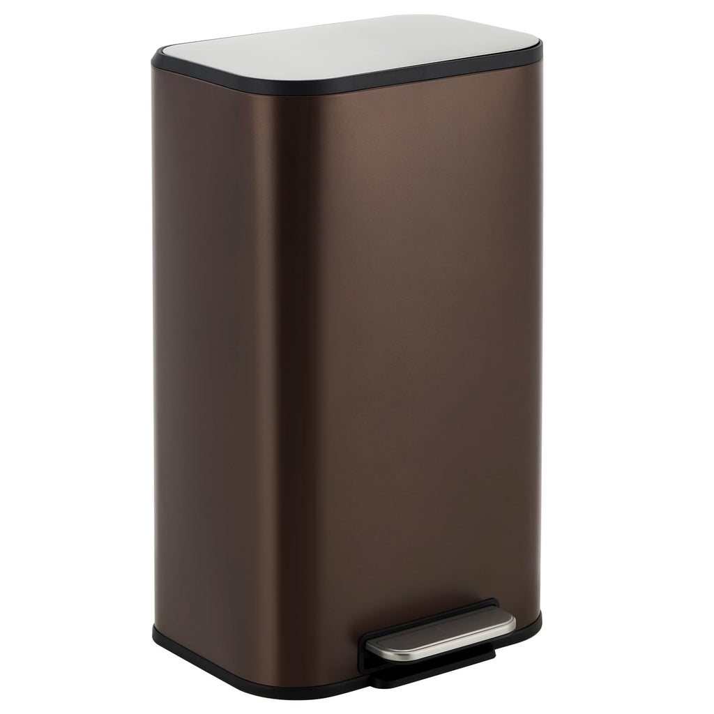 8 Gallon Brown Stainless Steel Kitchen Trash Can - Rectangular Foot Pedal Garbage Bin with Soft-Close Lid & Removable
