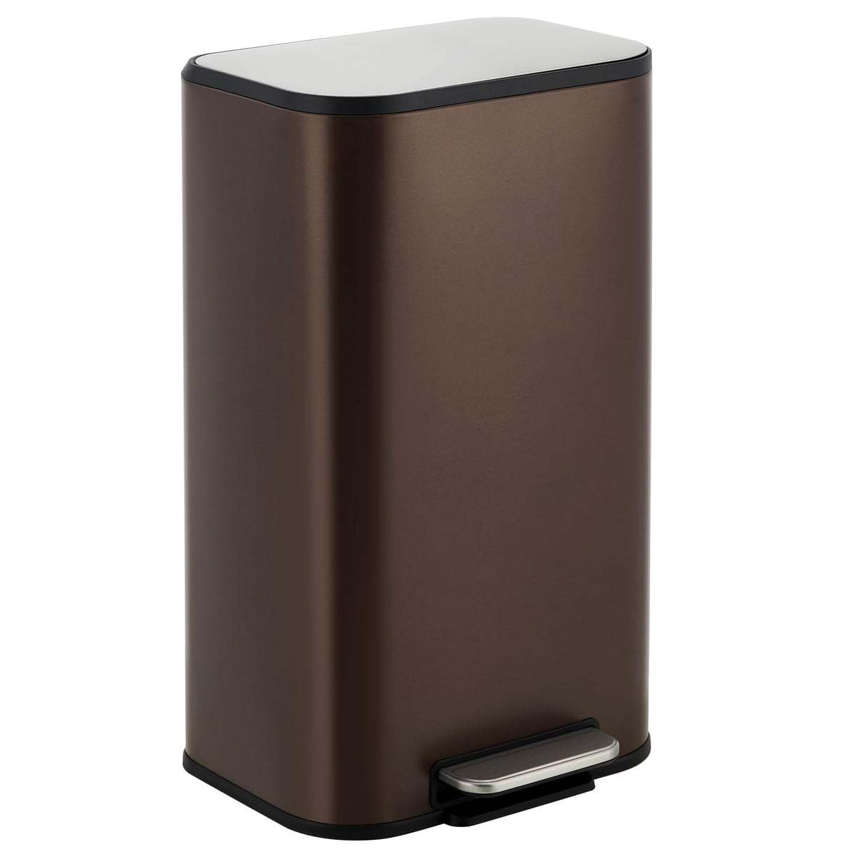 8 Gallon Brown Stainless Steel Kitchen Trash Can - Rectangular Foot Pedal Garbage Bin with Soft-Close Lid & Removable