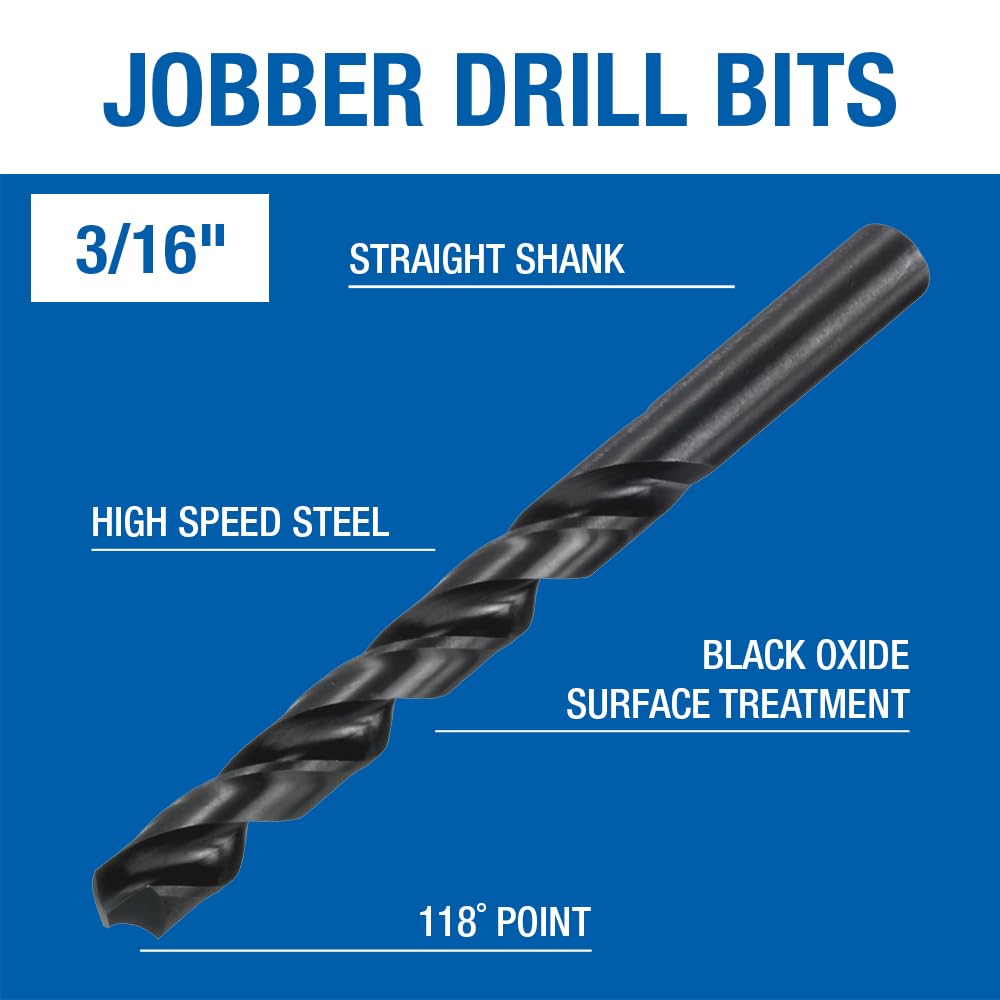 Champion Cutting Tool General Purpose Drill Bits for Metal and Wood (3/16 Inch) - 12 PCS - 118 Degree Point, High Speed Steel Straight Shank Drill Bits with Black Oxide Finish