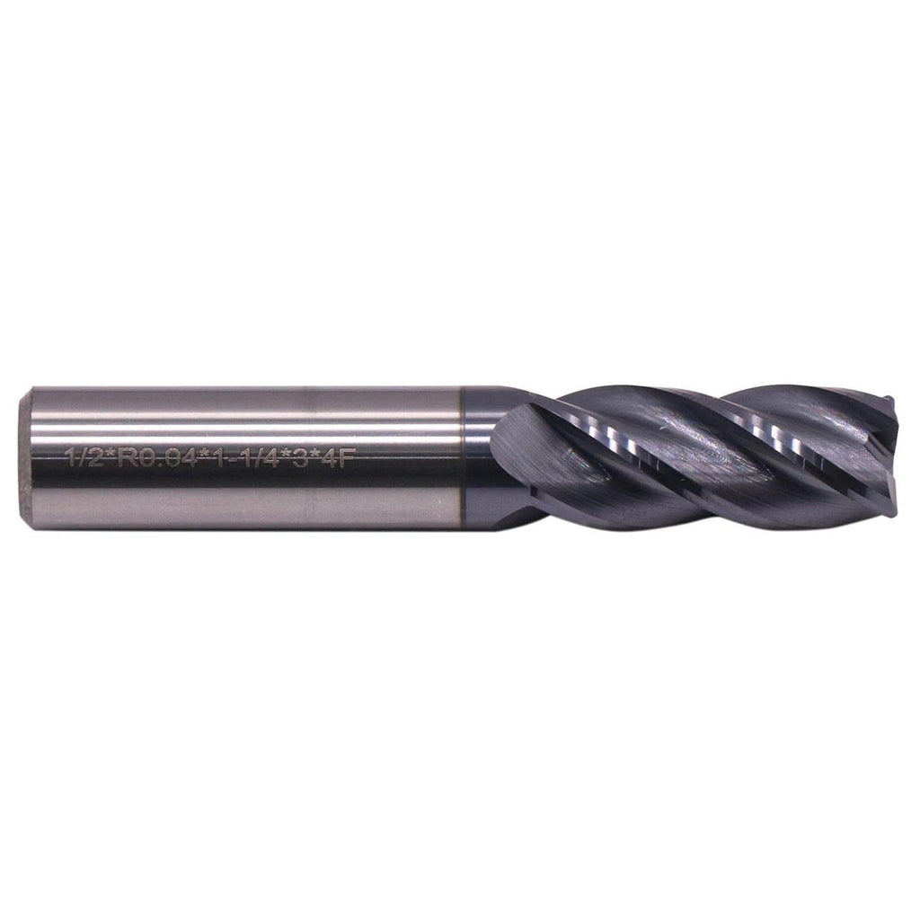 1/2" 4 Flute Solid Carbide End Mill, 0.04" Corner Radius, AlTiN Coated