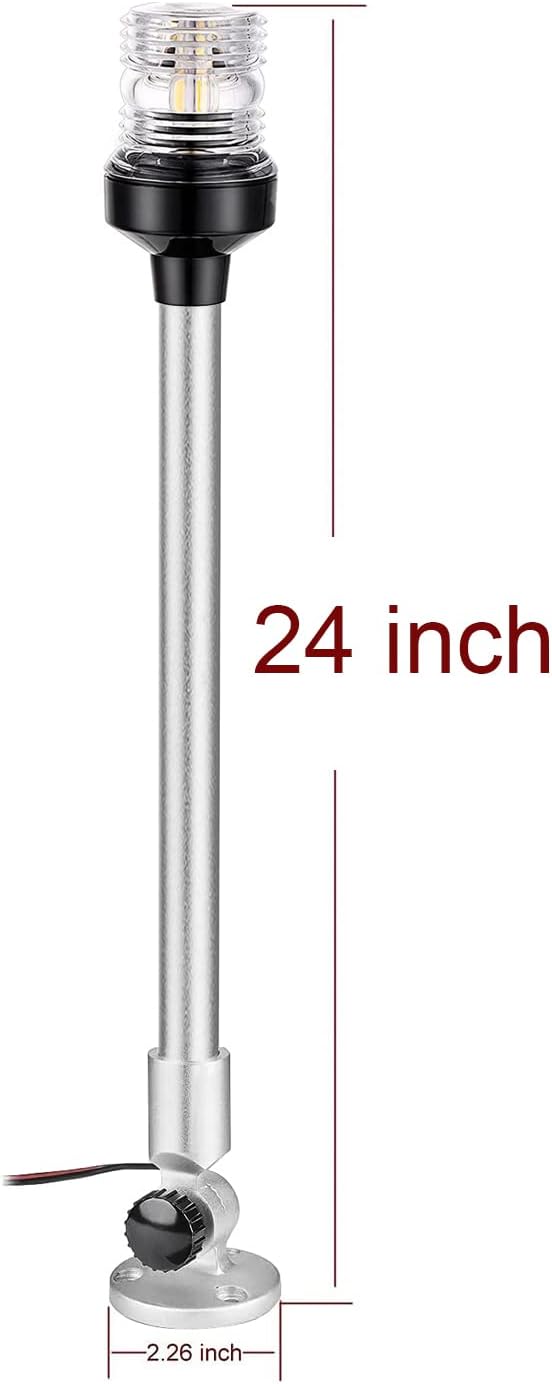24 inch 3 Nautical Mile Navigation Anchor Lights All Round 360° White LED With Aluminum Base and Tube, Extra LED Bulb Included, 12-24V