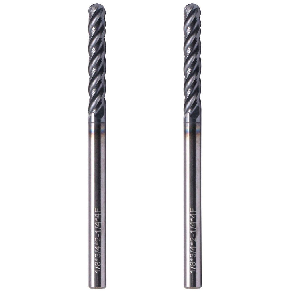 2Pcs 1/8" 4 Flute Solid Carbide Long Ball Nose End Mill Set, AlTiN Coated