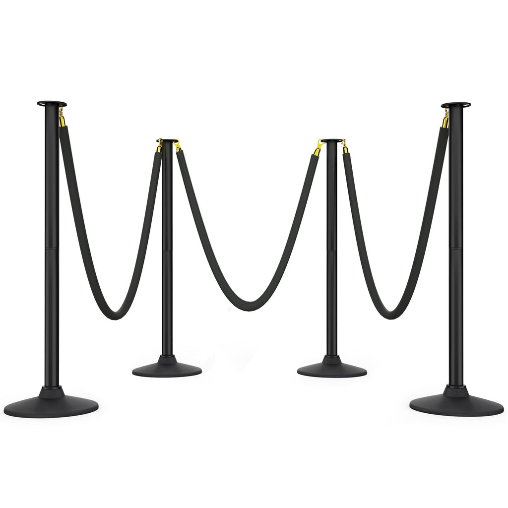 4 Pack Plastic Stanchion Posts, 3 Black Velvet Ropes, Crowd Control