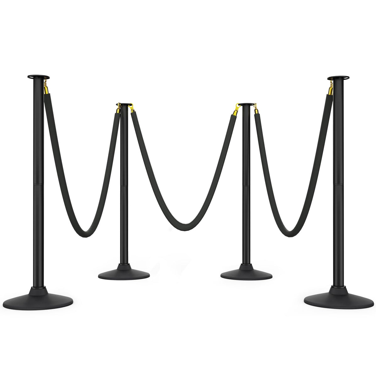 4 Pack Plastic Stanchion Posts, 3 Black Velvet Ropes, Crowd Control