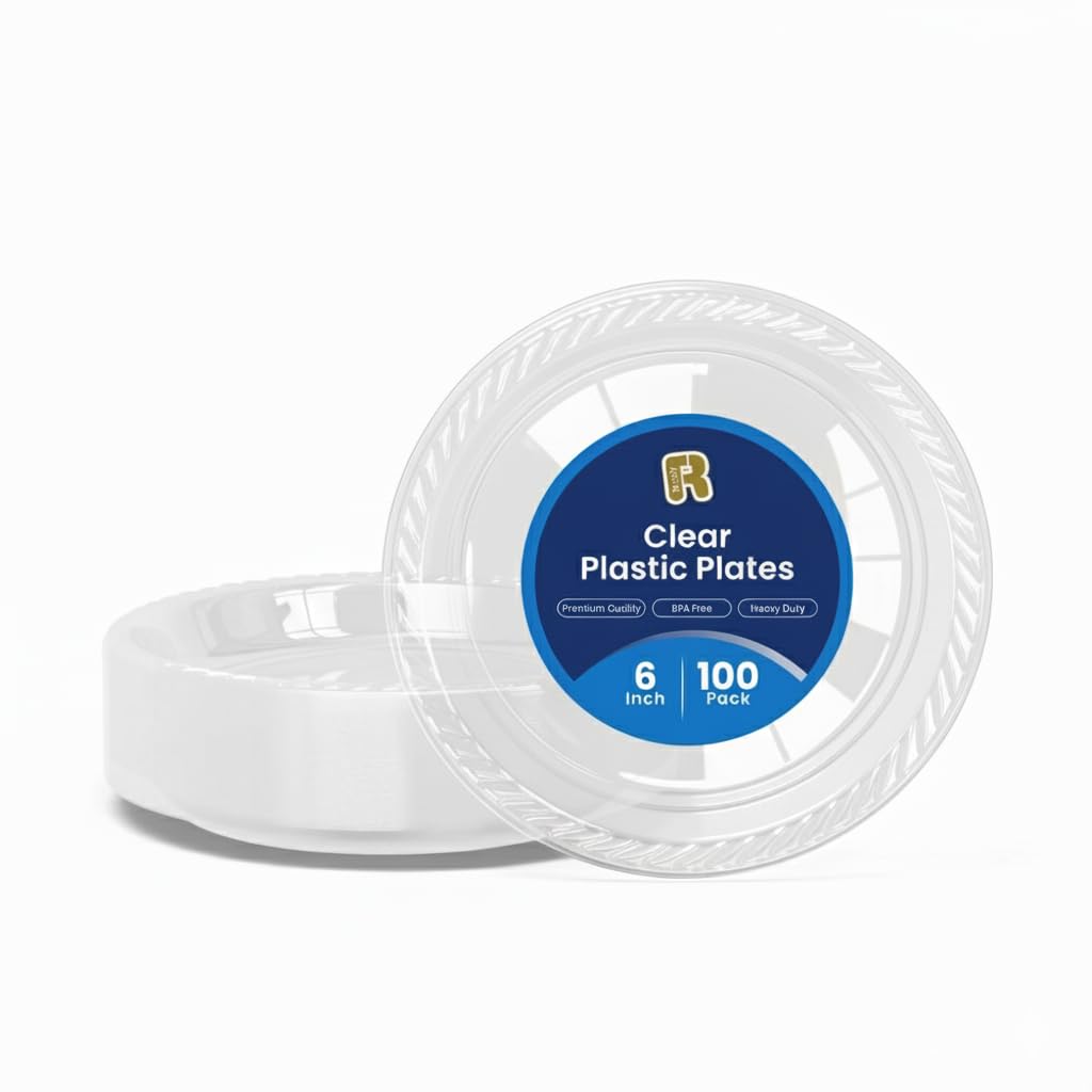 100 Pack 6 Inch Clear Plastic Plates - Heavy Duty Small Dessert Plates - Microwavable Small Appetizer Plates