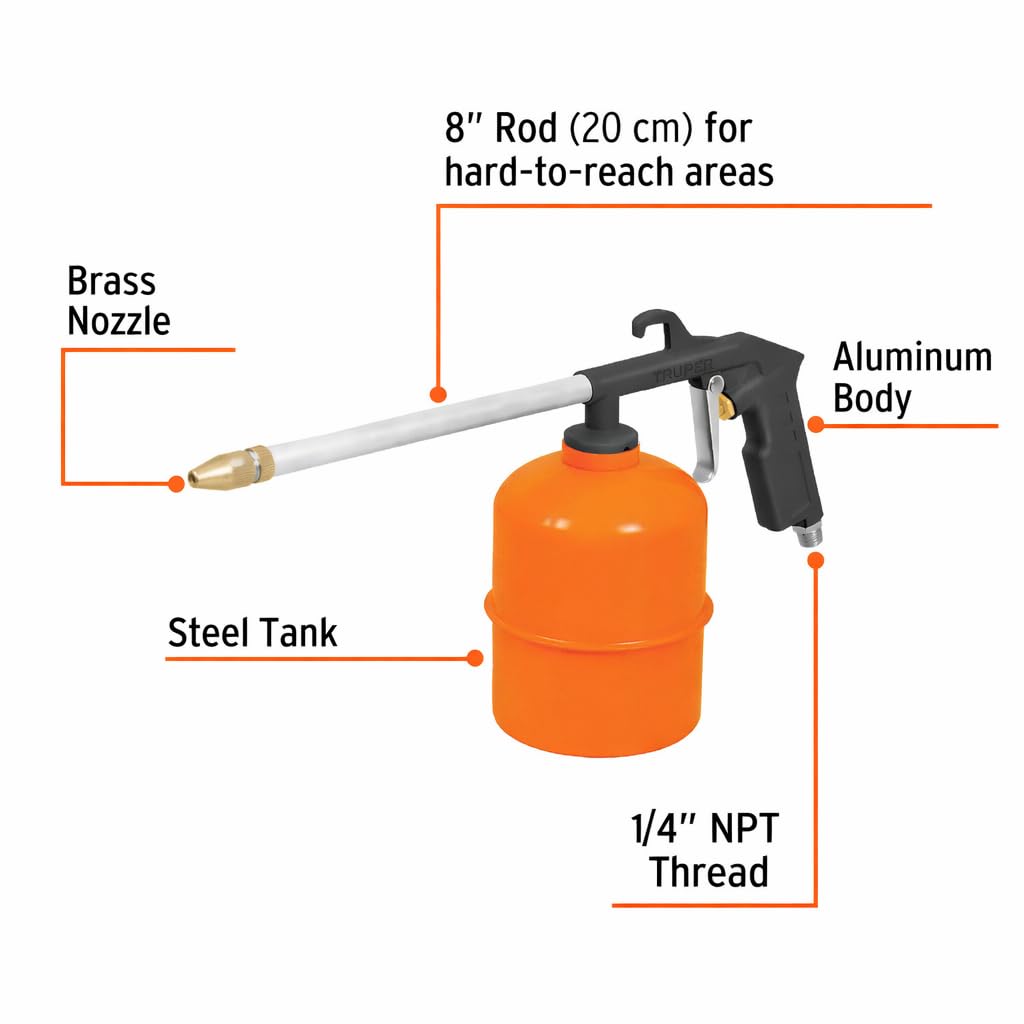Truper Engine Cleaning Spray Gun, Motor Cleaning Gun, 8-Inch Wand, 900 ml Steel Cup, 90 psi Max, 1/4-Inch NPT Connection, For 1/4-Inch Hoses (Model PILI-697/19236)