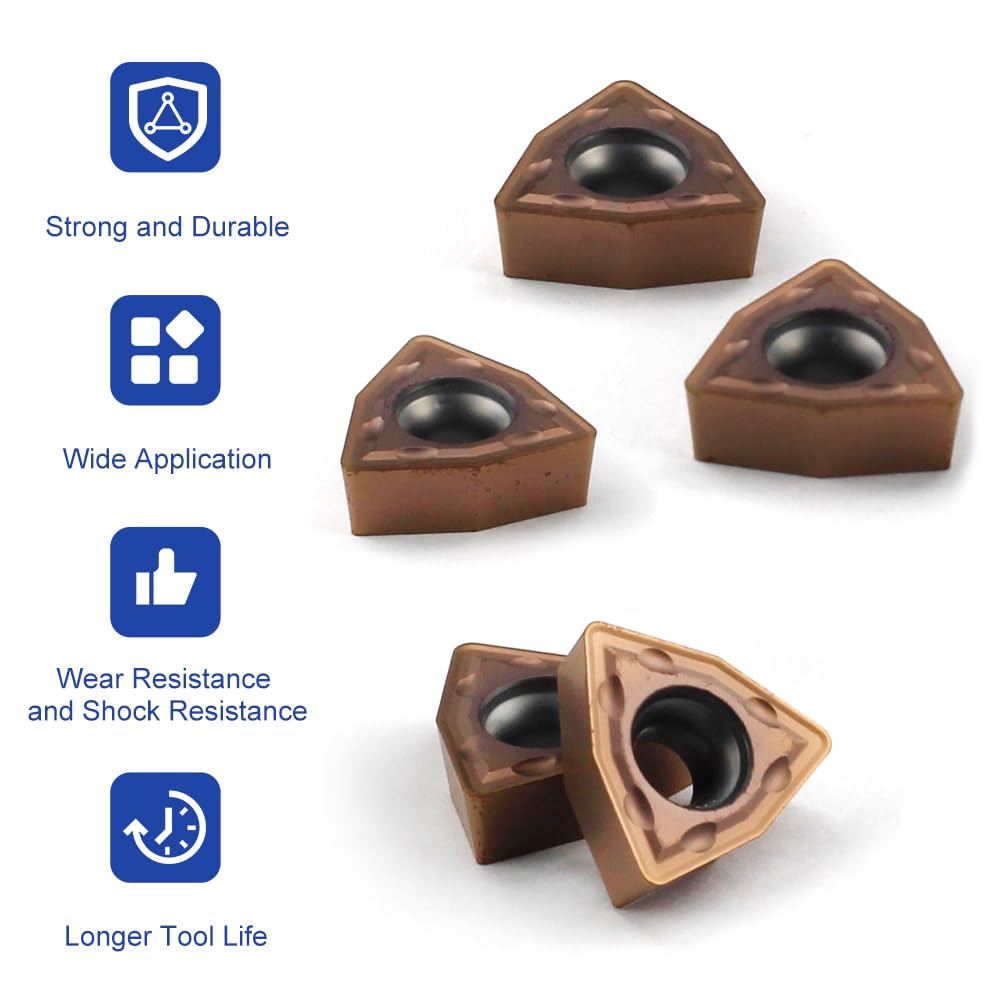 YUFUTOL Carbide Turning Inserts WCMT06T304 WCMT32.51 TiN Coated Carbide Inserts for Lathe Turning Tool CNC Lathe Turning Tool Holder Indexable Inserts for Steel Metal Machining, 10 Pieces