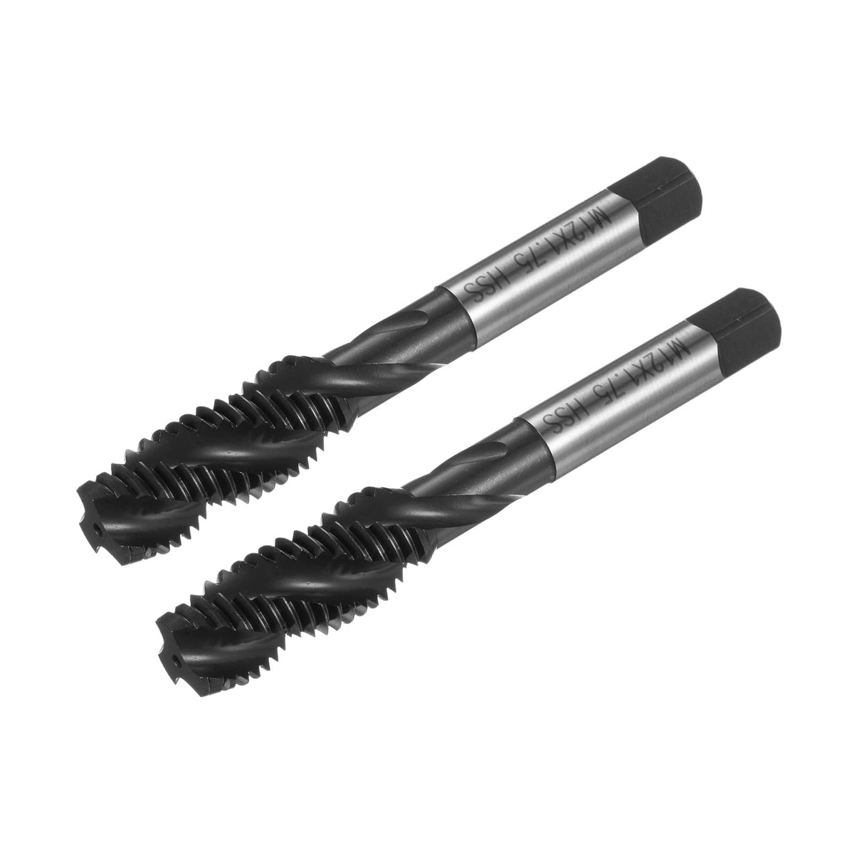 uxcell M12 x 1.75 Spiral Flute Thread Tap, Metric Machine Threading Tap HSS Nitriding Coated, Round Shank with Square End, H2 Tolerance, 2pcs