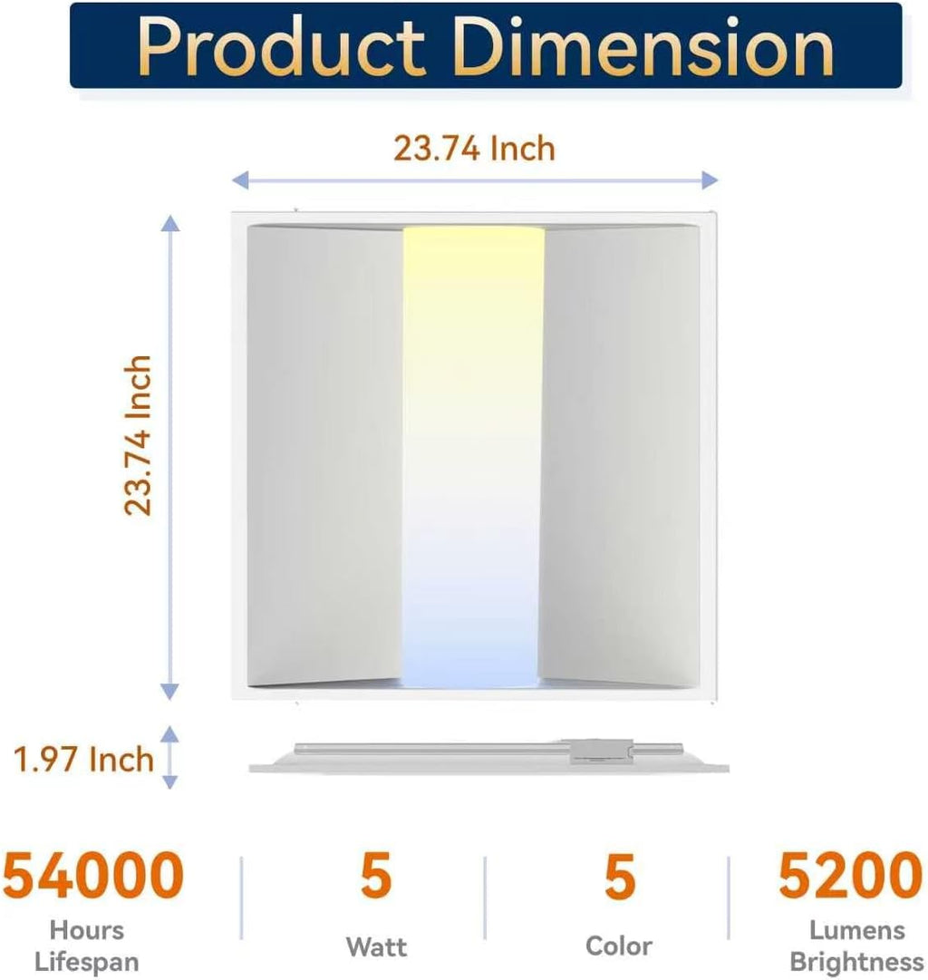 2x2 LED Troffer Light, 5 Wattages, 5CCT, 0-10V Dimmable, 2 Pack