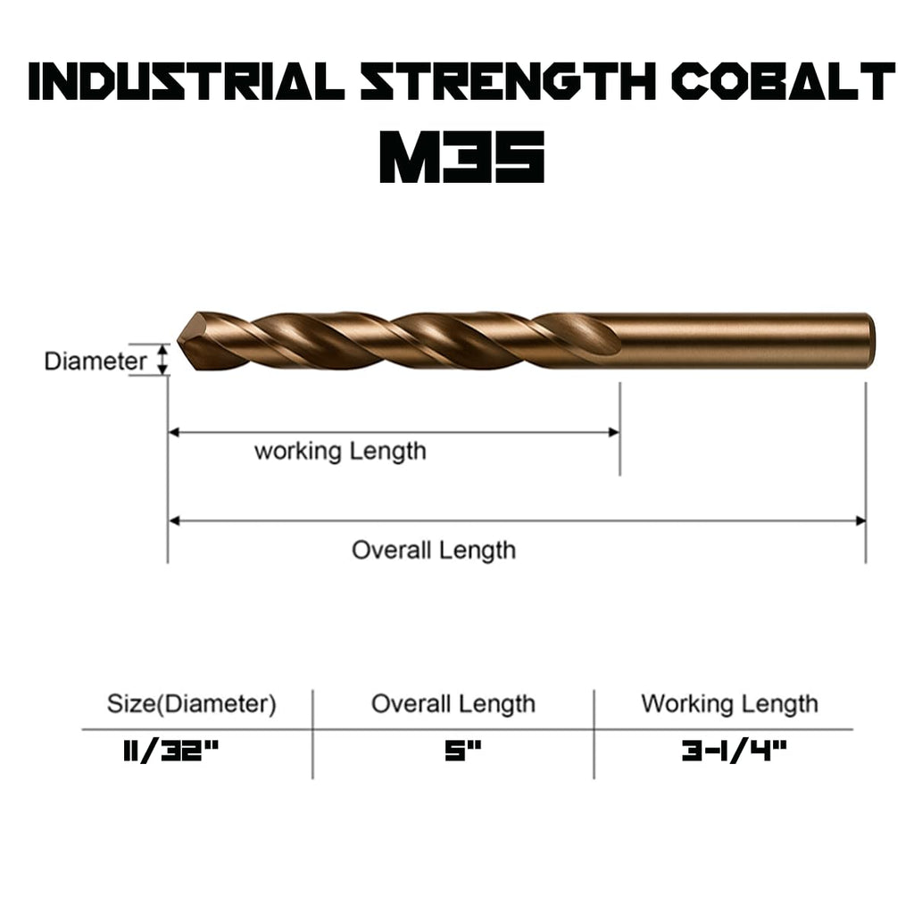 11/32" Cobalt Drill Bits - 3 Pack - 5" Inch Length - M35 Cobalt Drill Bits with Storage Case - Perfect Drill Bits for Metal, Hardened & Stainless Steel, Cast Iron, and More!